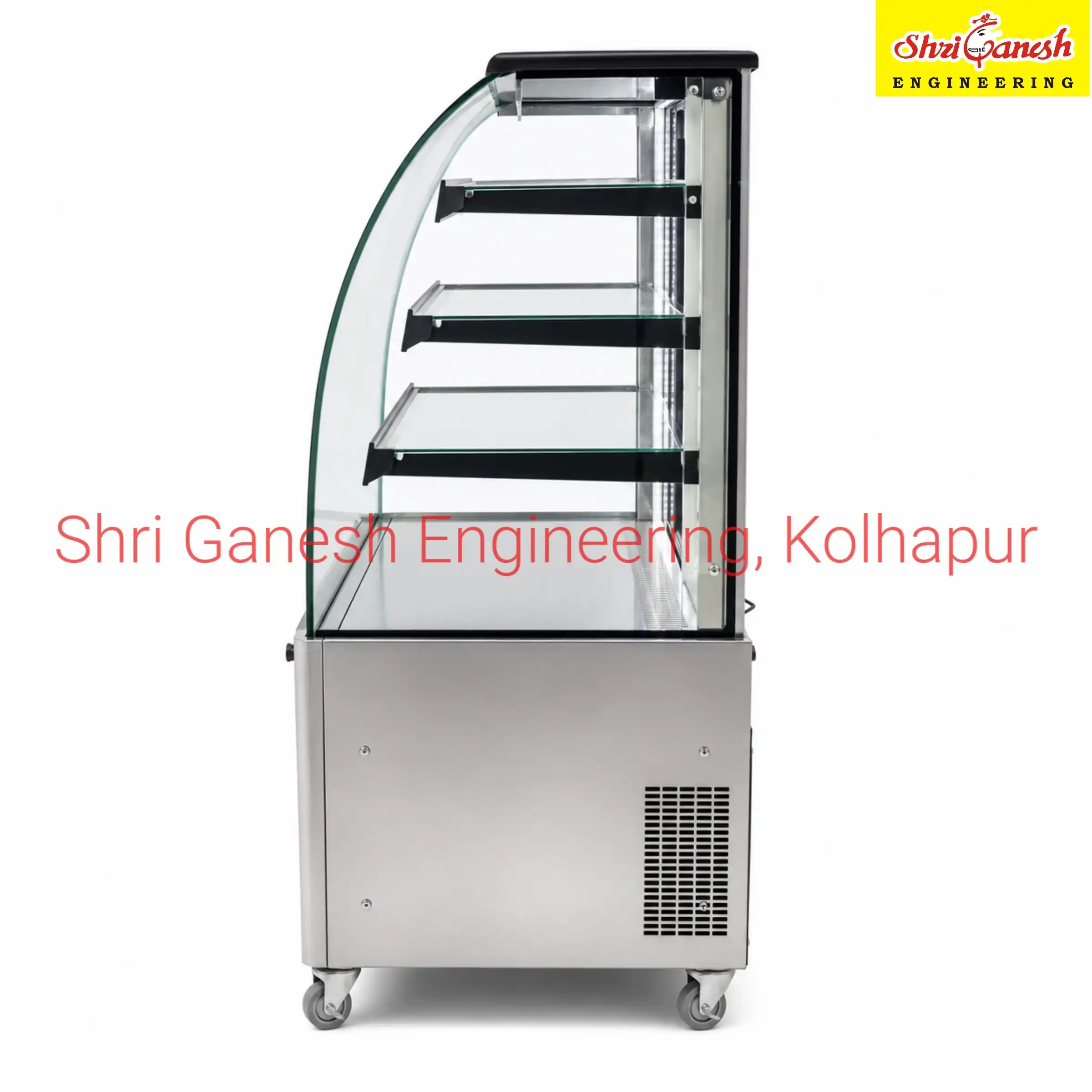 Refrigerated cake display counter side view