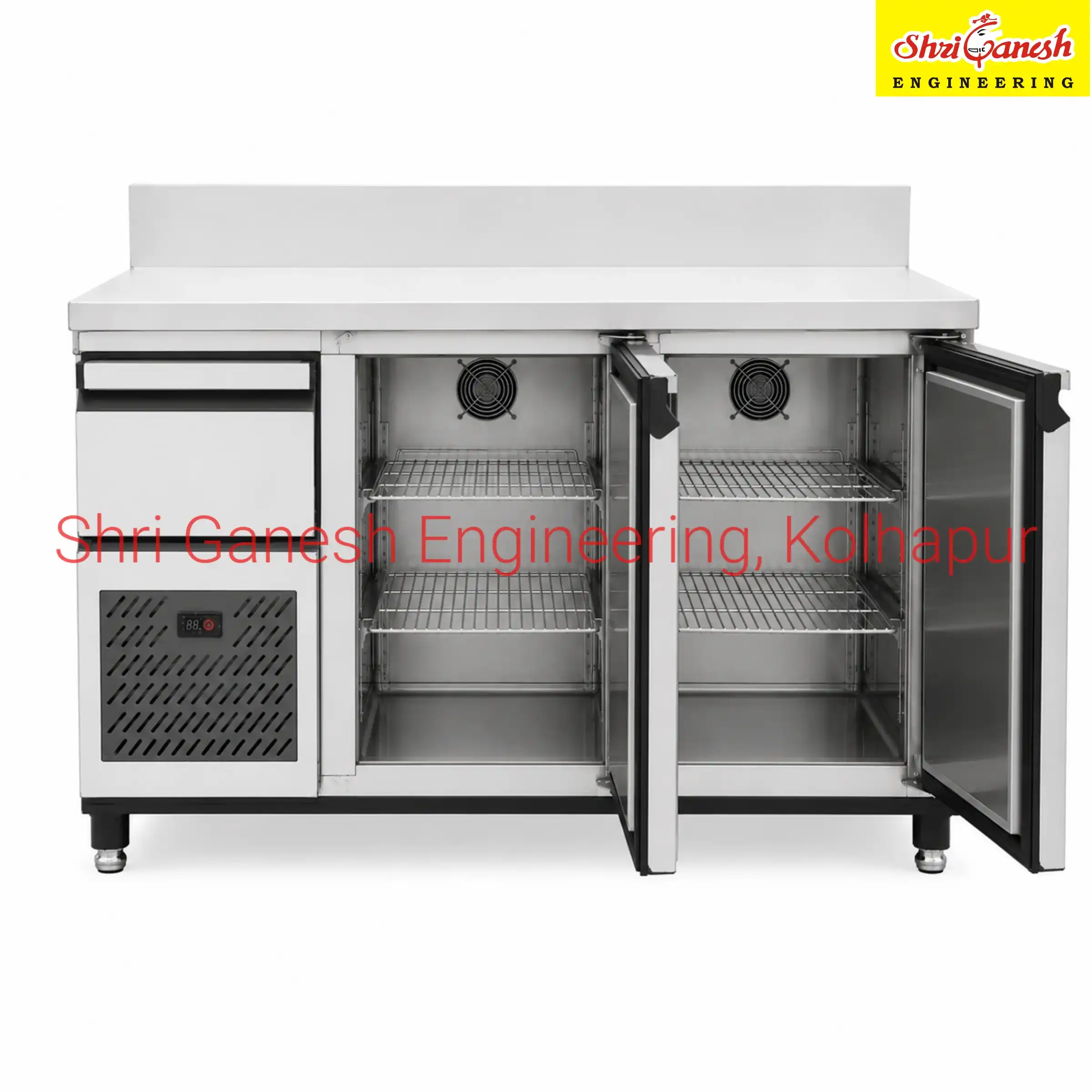Commercial undercounter refrigerator front view with door open